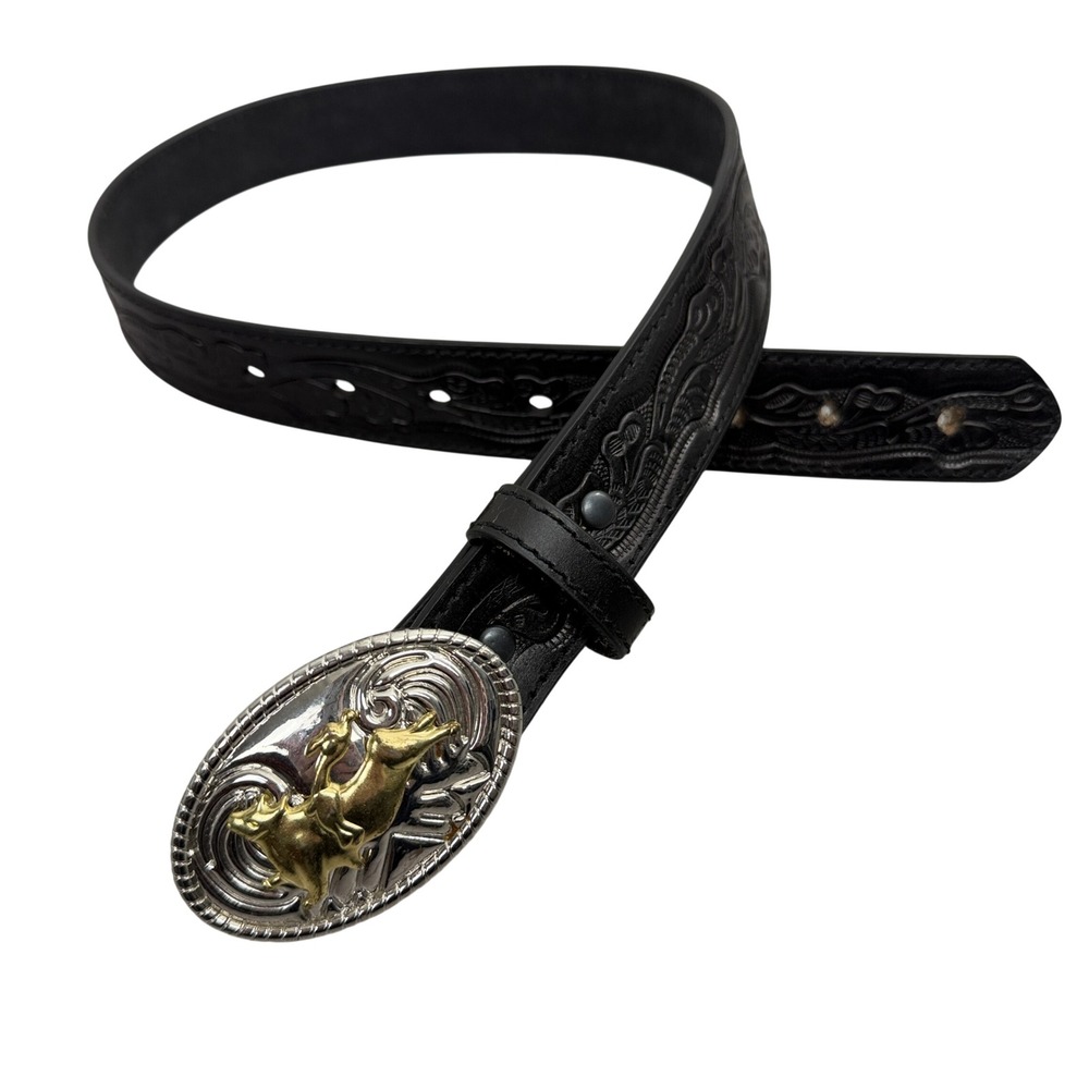 Nocona Belt Kids 24 Black Western Bull Rider Buckle Floral Embossed Leather